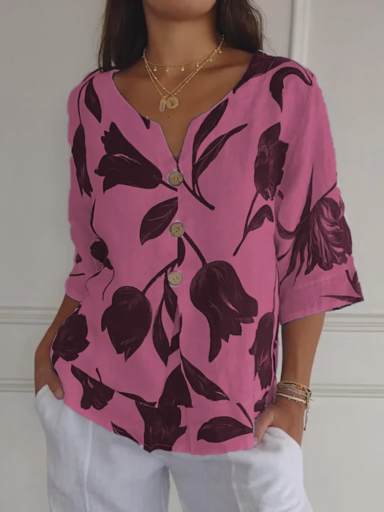 Eluriel - Blusa floreale con bottoni