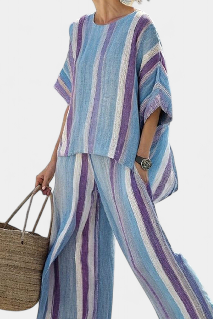 Ginevra – top pastello mauve elegante e pantaloni di lino a righe