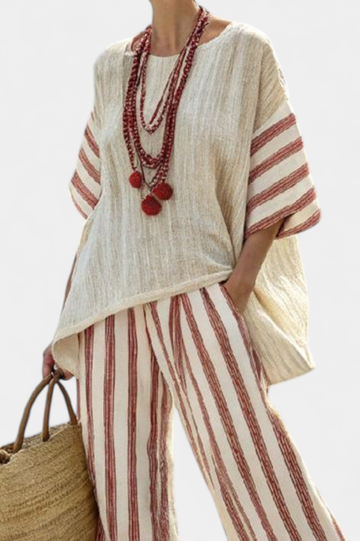 Rosalinda – top a righe rustico elegante e pantaloni di lino crema