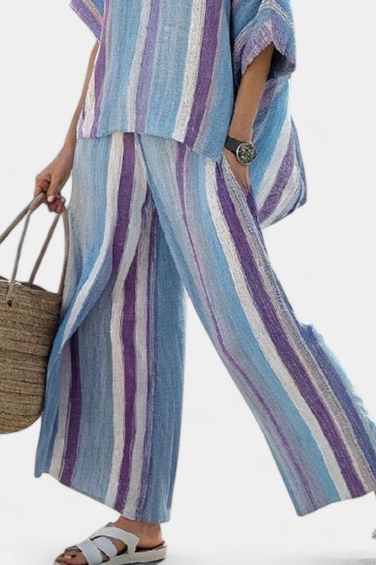 Ginevra – top pastello mauve elegante e pantaloni di lino a righe