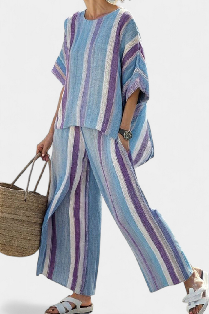 Ginevra – top pastello mauve elegante e pantaloni di lino a righe