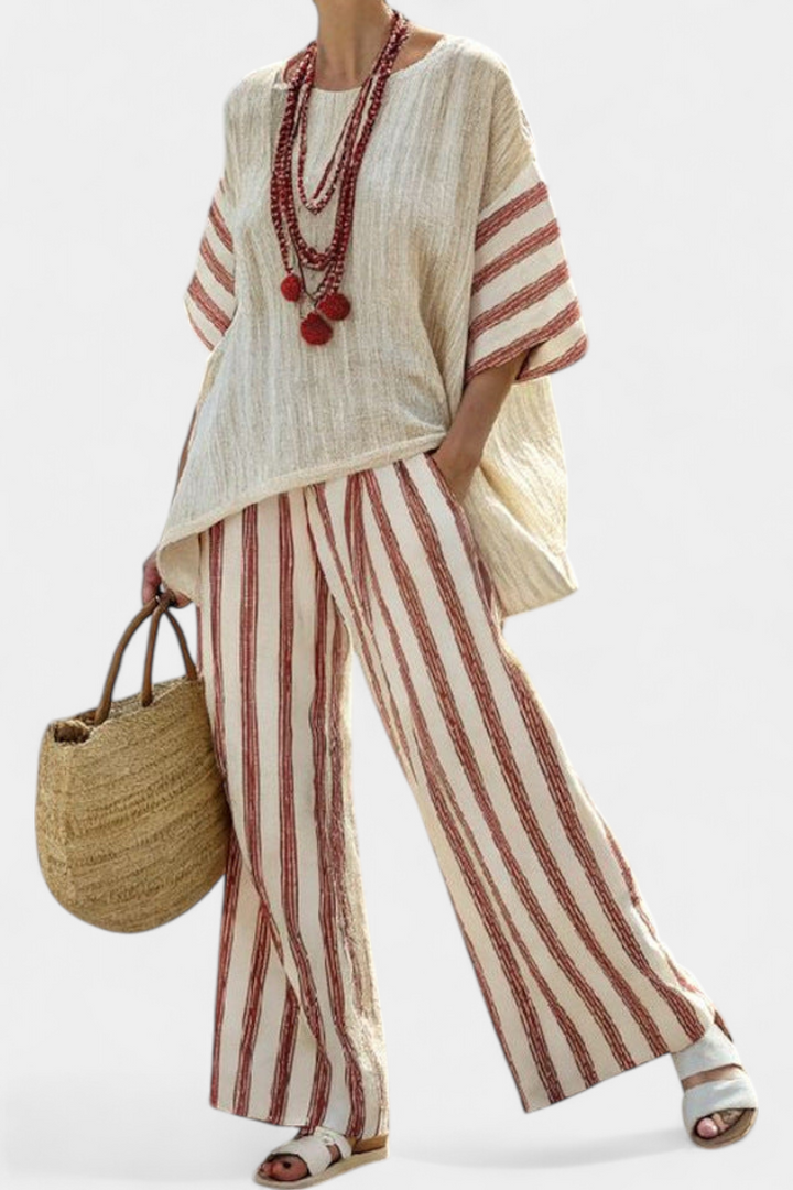Rosalinda – top a righe rustico elegante e pantaloni di lino crema