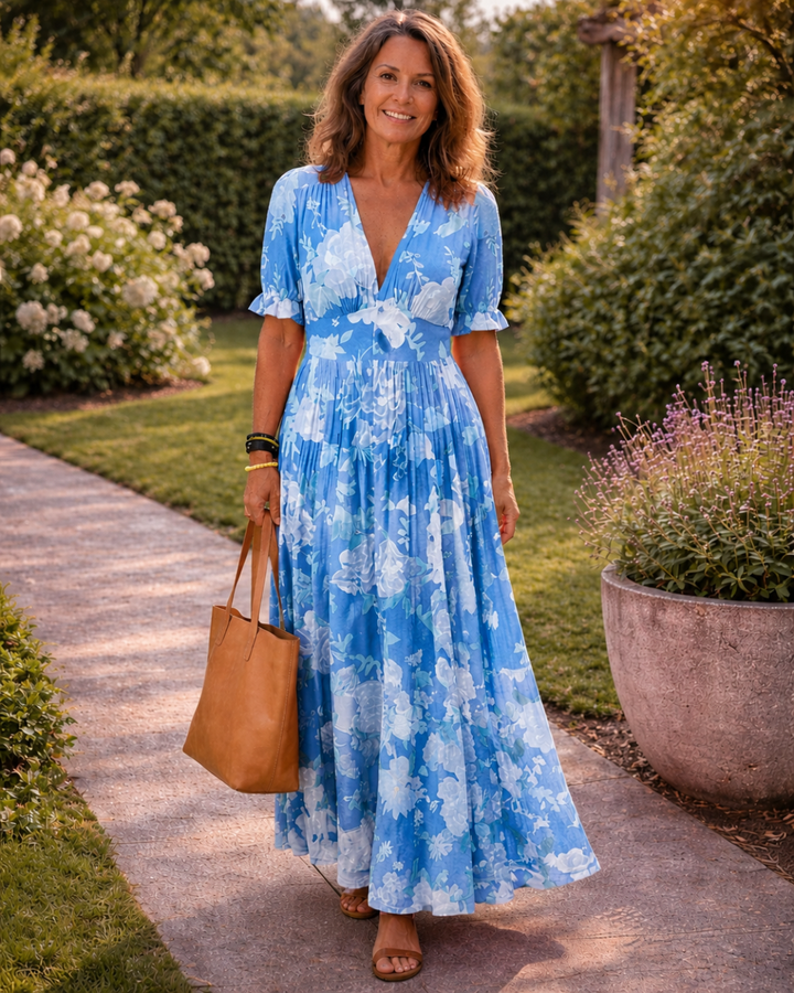 Carlota | Vestito midi floreale a maniche corte e scollo a V