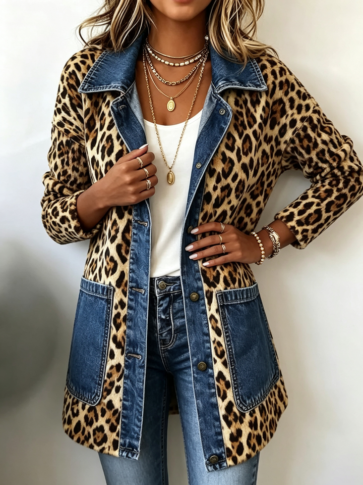 Lorena | Giacca Lunga a Stampa Leopardo con Denim