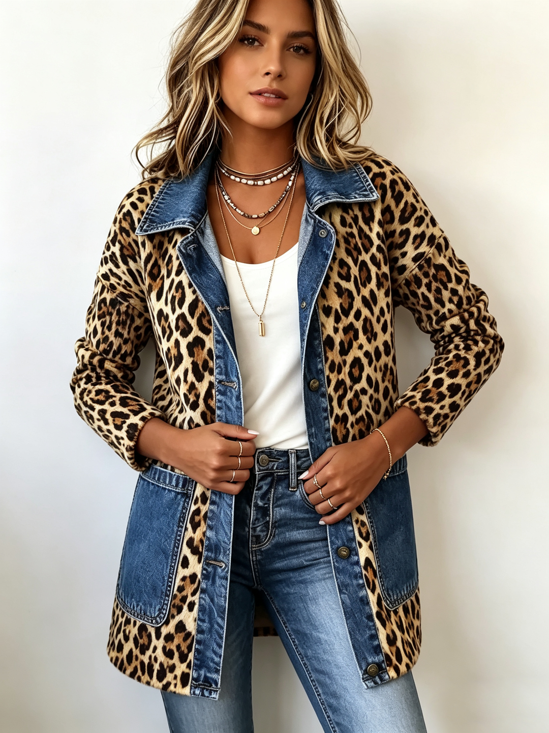 Lorena | Giacca Lunga a Stampa Leopardo con Denim
