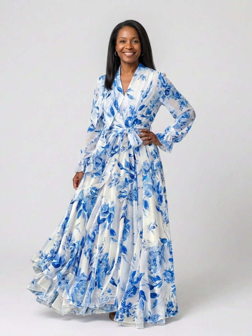 Vivianne | Vestito lungo incrociato a maniche lunghe con stampa floreale