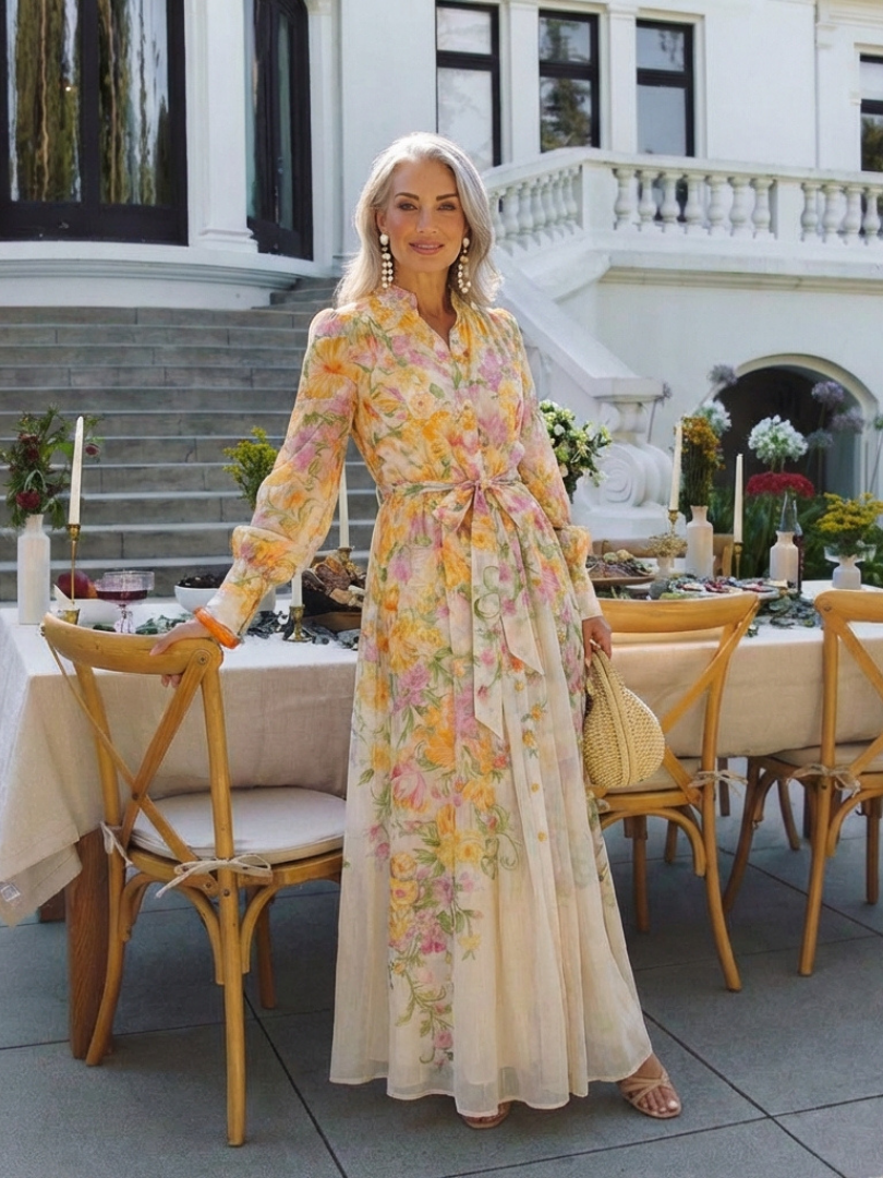 Noa |  Vestito lungo a maniche lunghe con stampa floreale e tessuto trasparente
